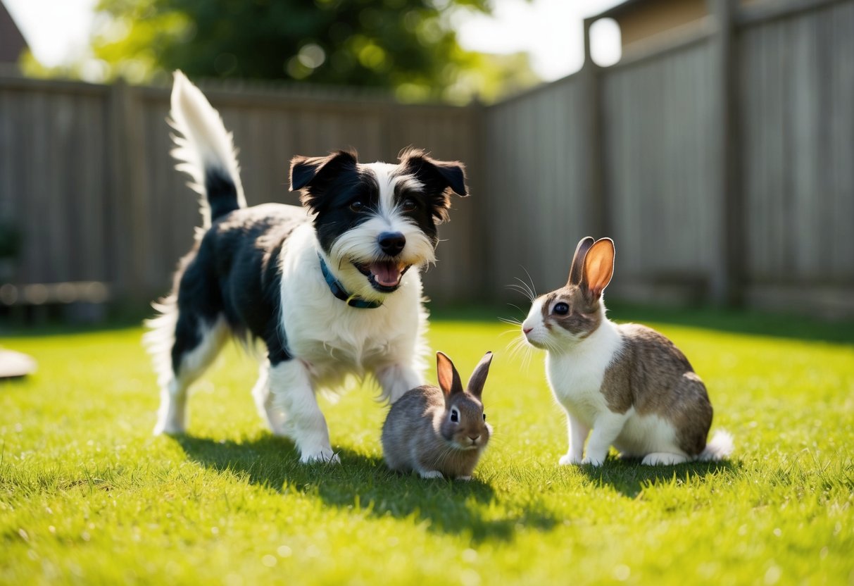 A Border Terrier plays happily with a cat and a rabbit in a sunny backyard
