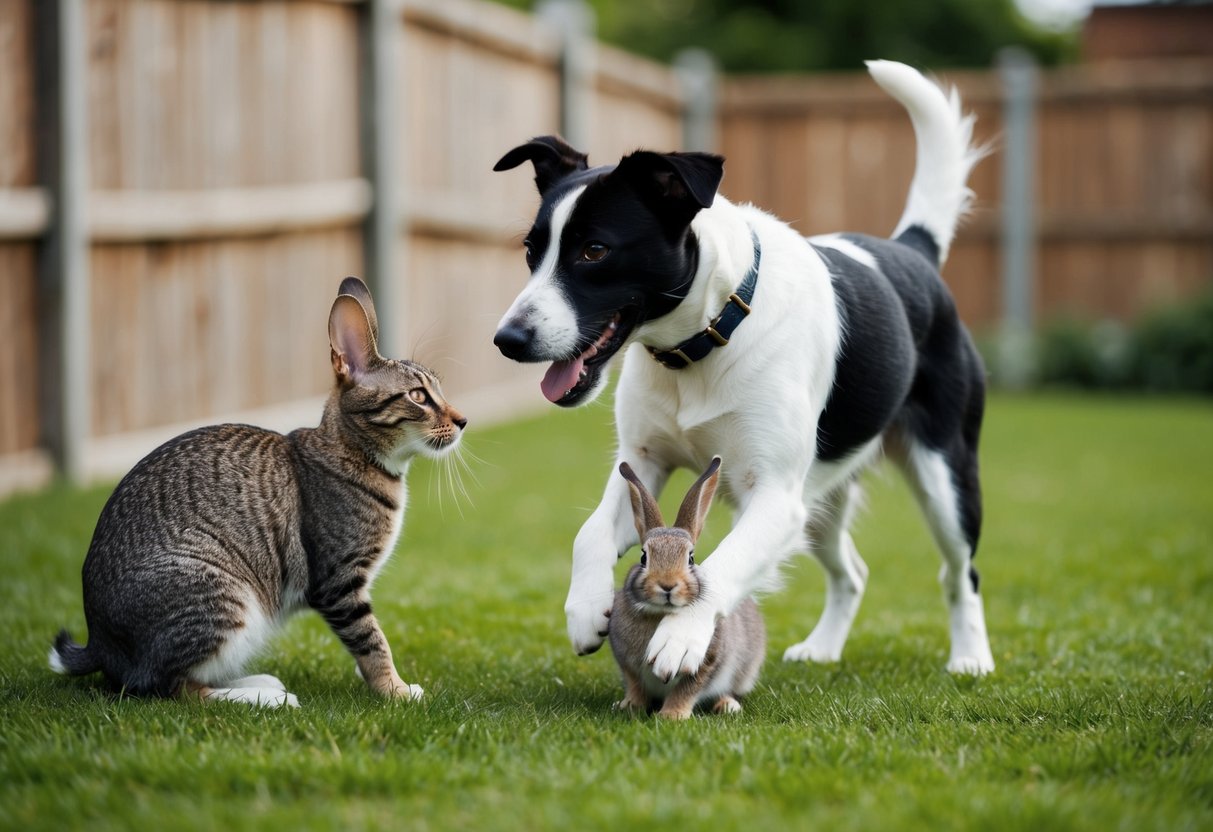 A Border Terrier plays with a cat and a rabbit in a fenced yard