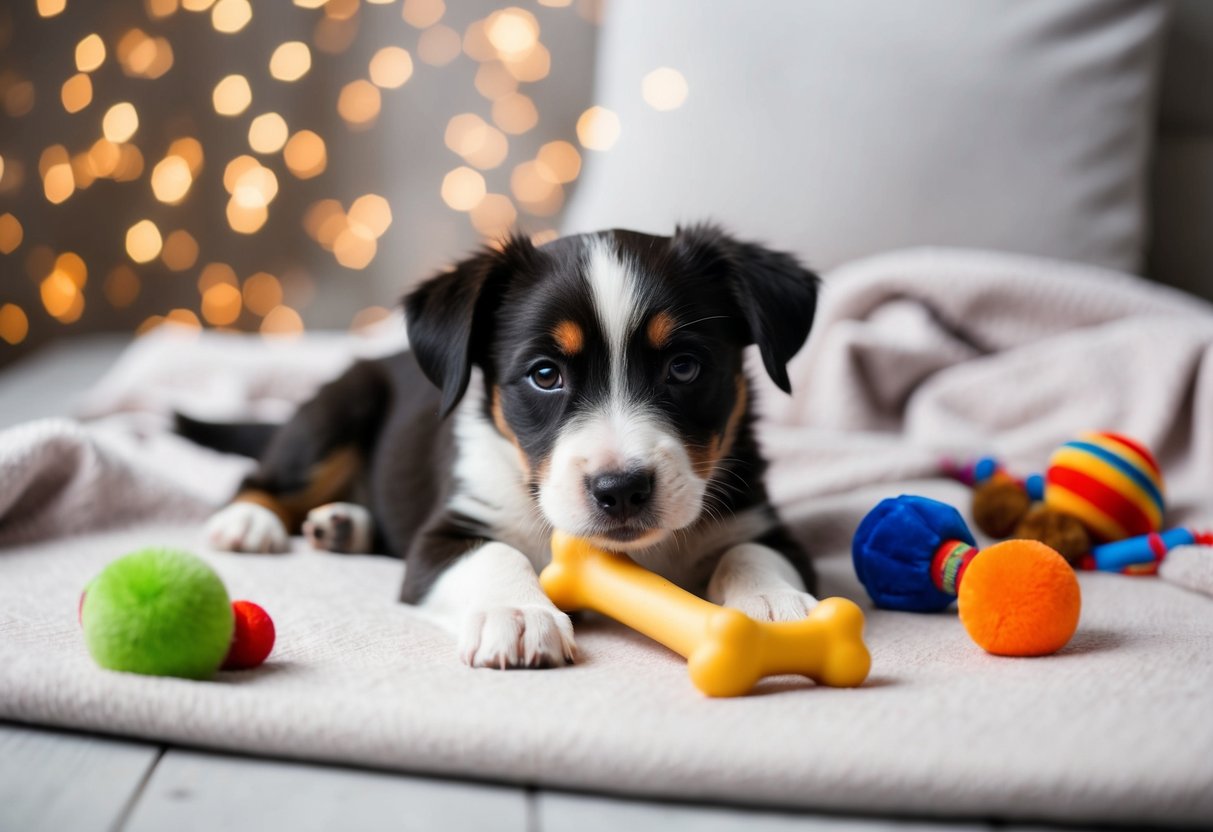 A border terrier puppy lying on a soft blanket, surrounded by toys and a chew bone, with gentle, soothing music playing in the background