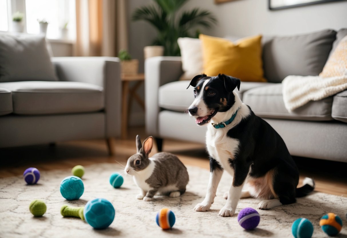 A Border Terrier plays with a cat and a rabbit in a cozy living room with pet toys scattered around