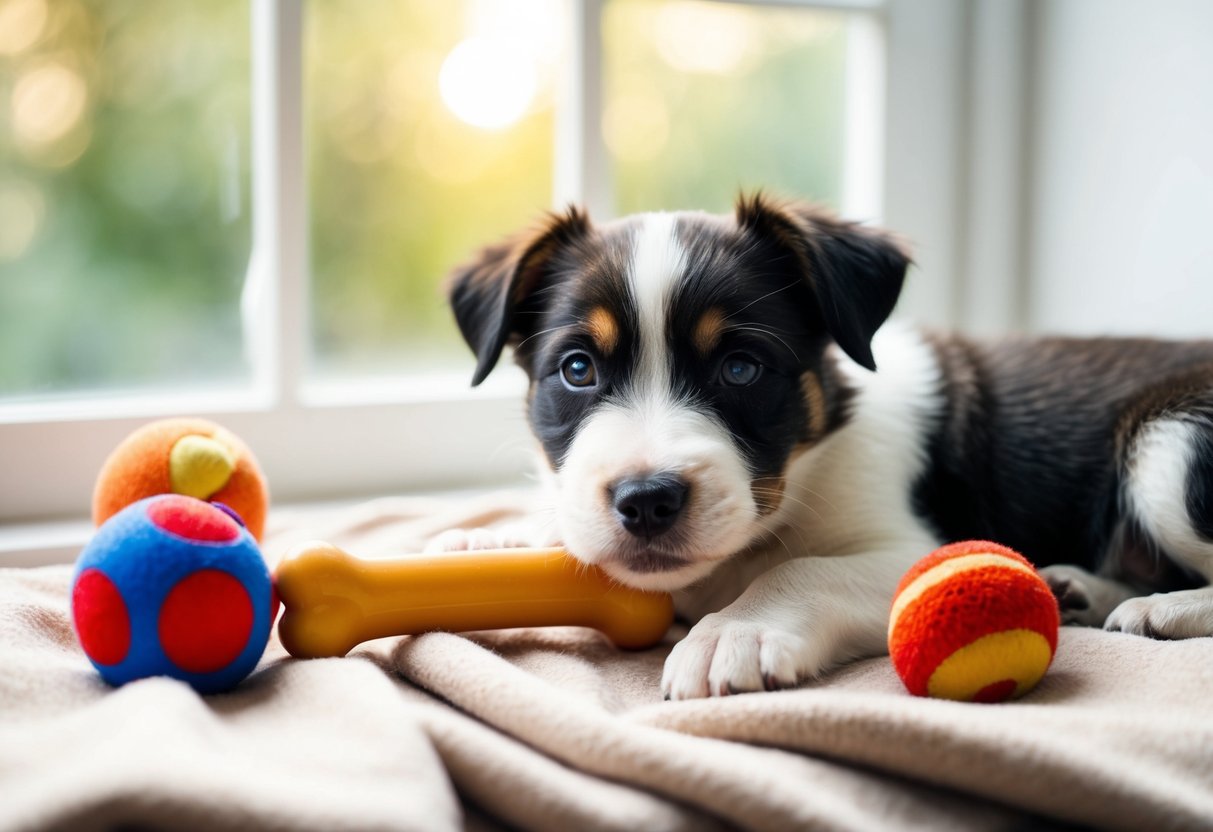A Border Terrier puppy lying on a soft blanket, surrounded by toys and a chew bone. Soft light filters through a window, creating a calm and peaceful atmosphere