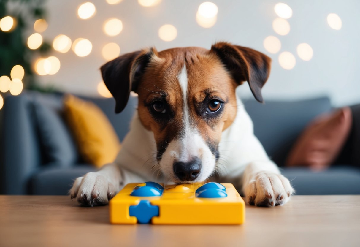 A border terrier solving a puzzle toy with focused eyes and a thoughtful expression