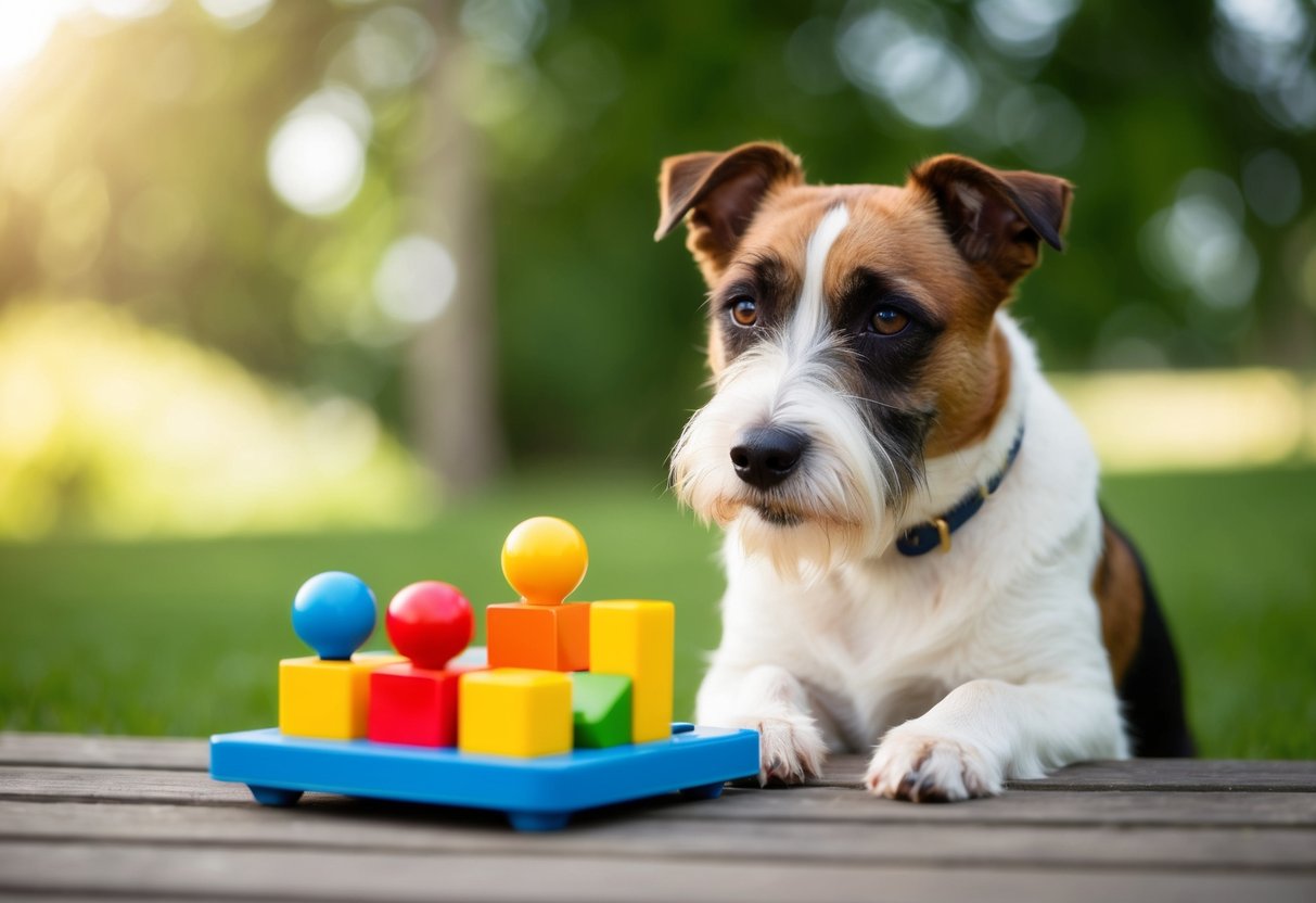 A Border Terrier confidently solves a puzzle toy, displaying intelligence and problem-solving skills