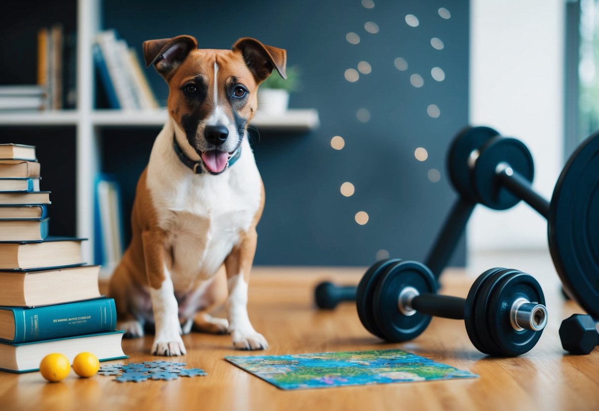 A border terrier sits next to a stack of books and a puzzle, with a healthy meal and exercise equipment nearby