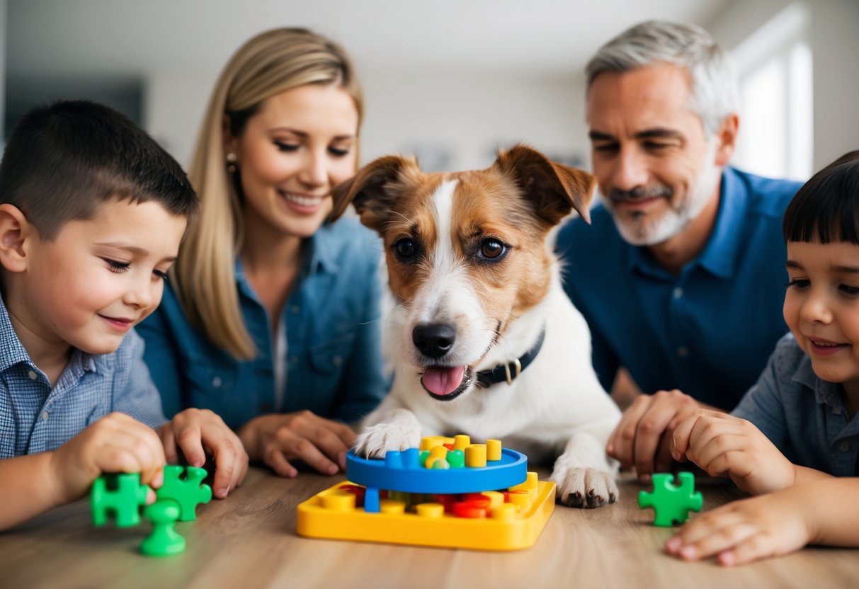 A Border Terrier confidently solves a puzzle toy while surrounded by family members, showcasing its intelligence and adaptability in a social setting