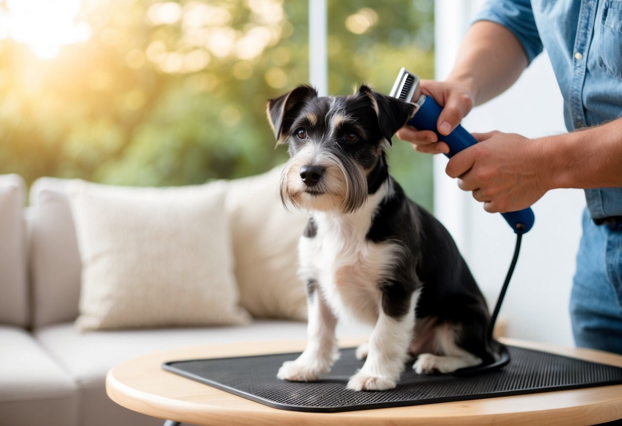 A border terrier being groomed with a stripping tool, surrounded by a calm and comfortable environment with natural lighting