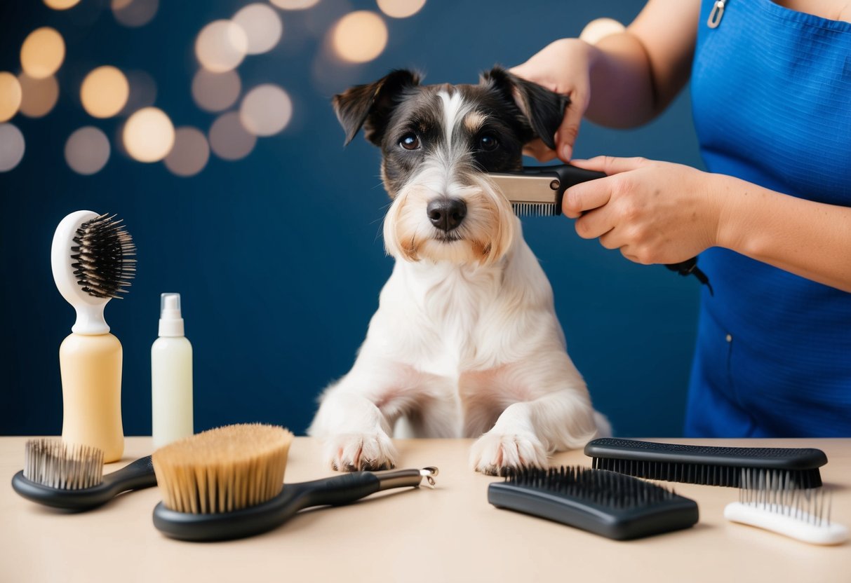 A Border Terrier being groomed with a stripping tool, surrounded by brushes and grooming products on a table