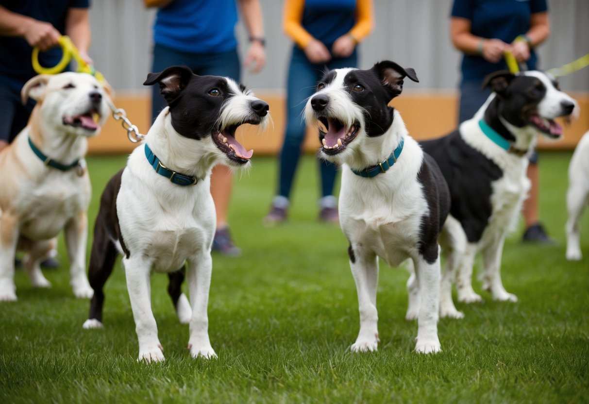 Two border terriers bark loudly at a dog training class. Other dogs and trainers look on in frustration