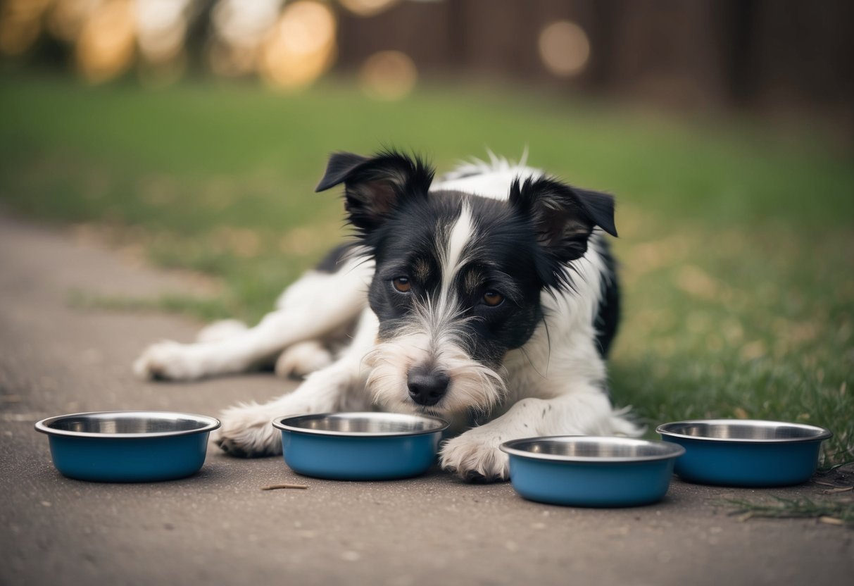 A border terrier with spiky fur lies lethargic, surrounded by empty food and water bowls