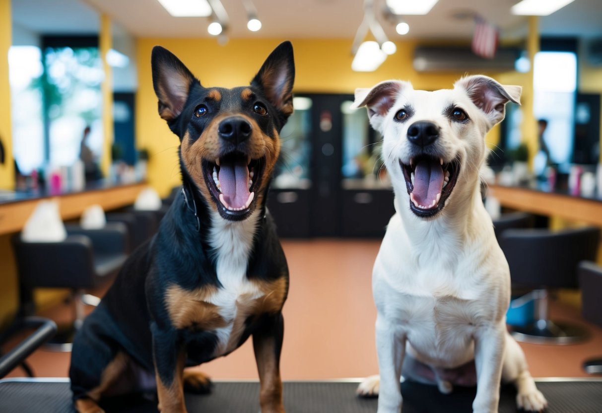 Two border terriers barking loudly in a grooming salon