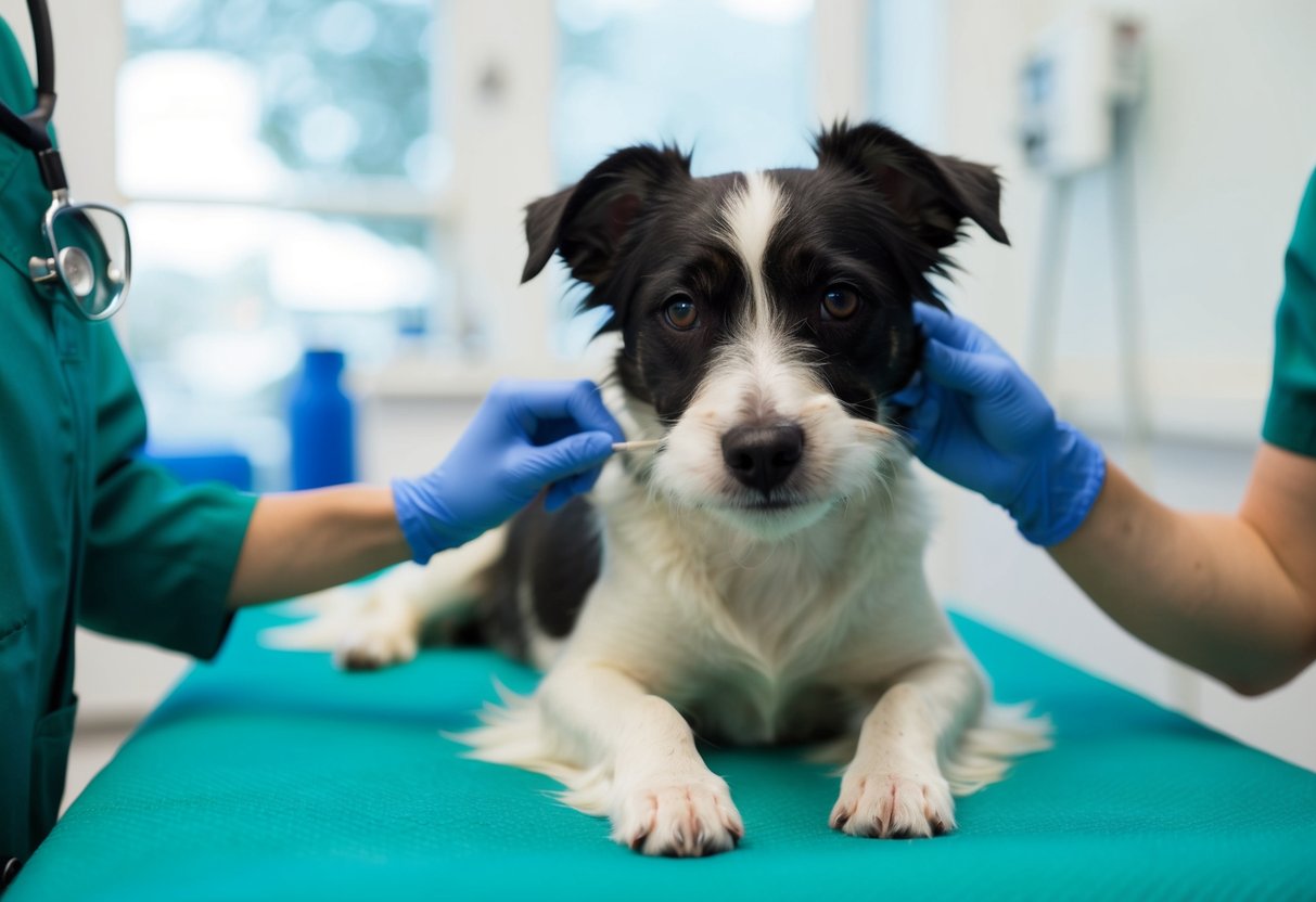 A border terrier receiving treatment for Spike's disease at the veterinary clinic