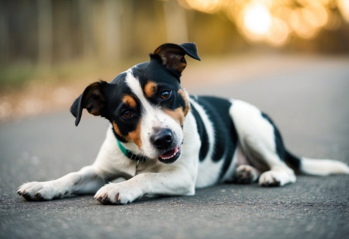 A border terrier with a distressed expression, laying on its side with a hand on its stomach