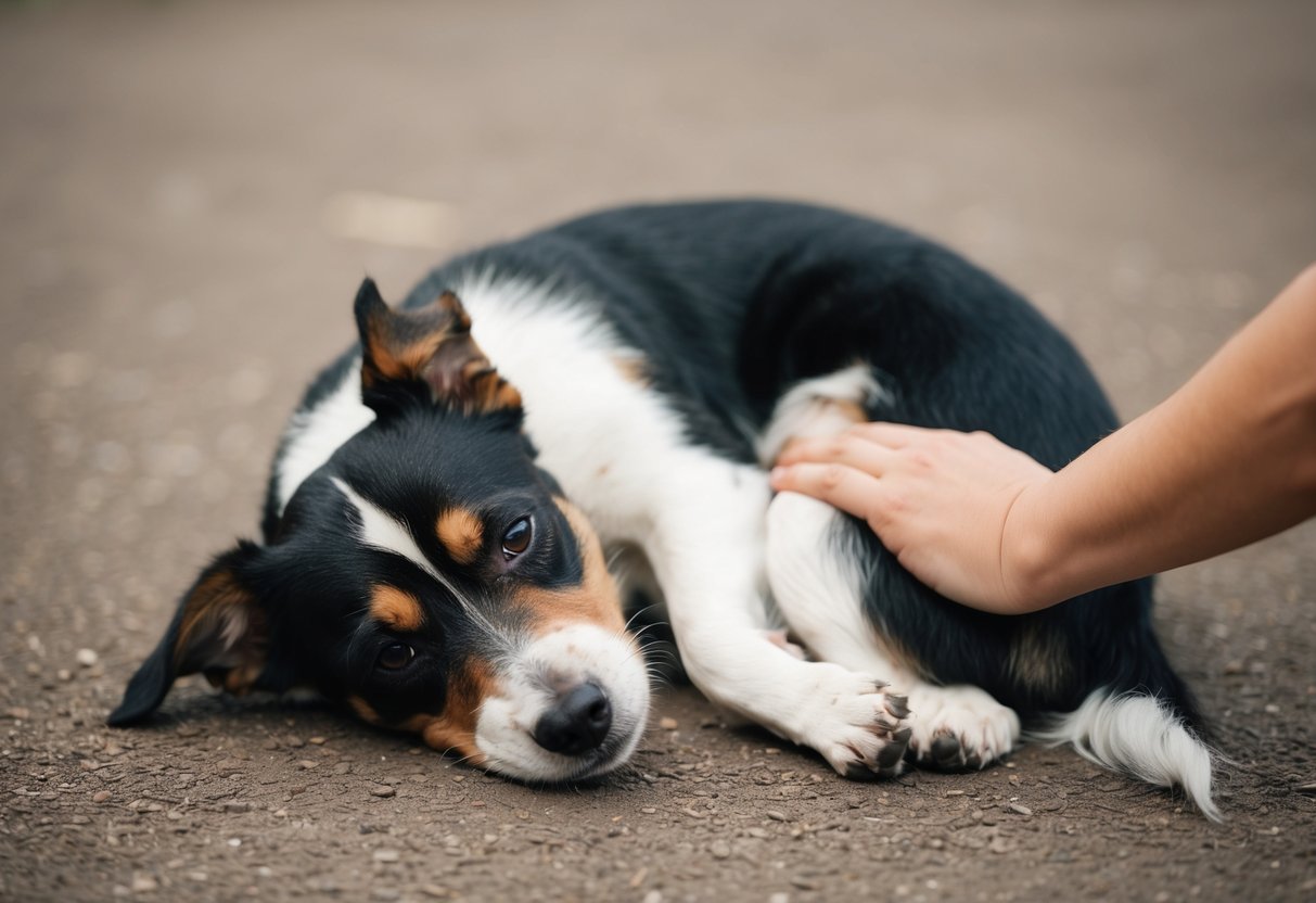 A border terrier with a distressed expression, curled up on the ground, with a hand placed gently on its stomach