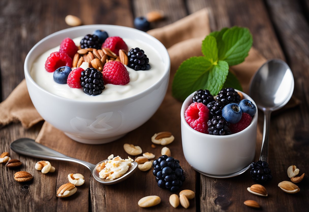 A bowl of creamy keto yogurt topped with fresh berries and a sprinkle of nuts, set on a rustic wooden table with a spoon beside it