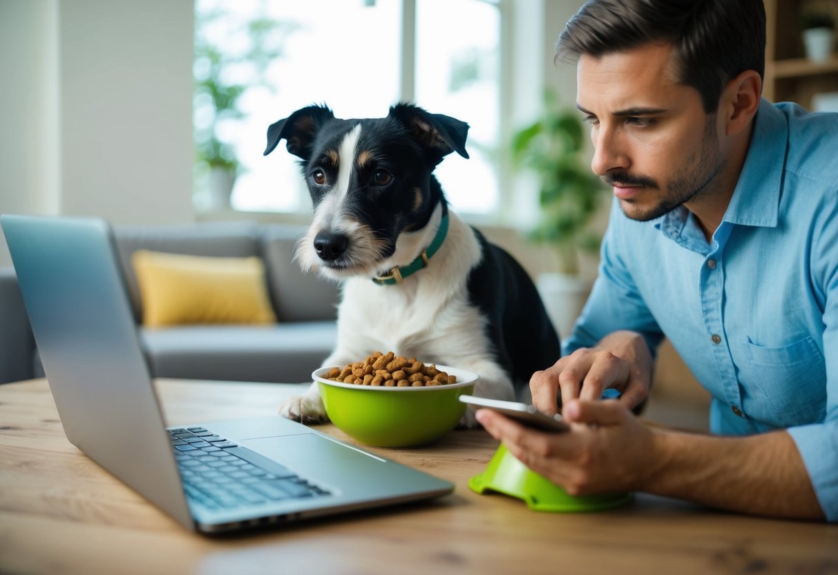 A border terrier with a bowl of healthy dog food and a concerned owner researching digestive health on a laptop