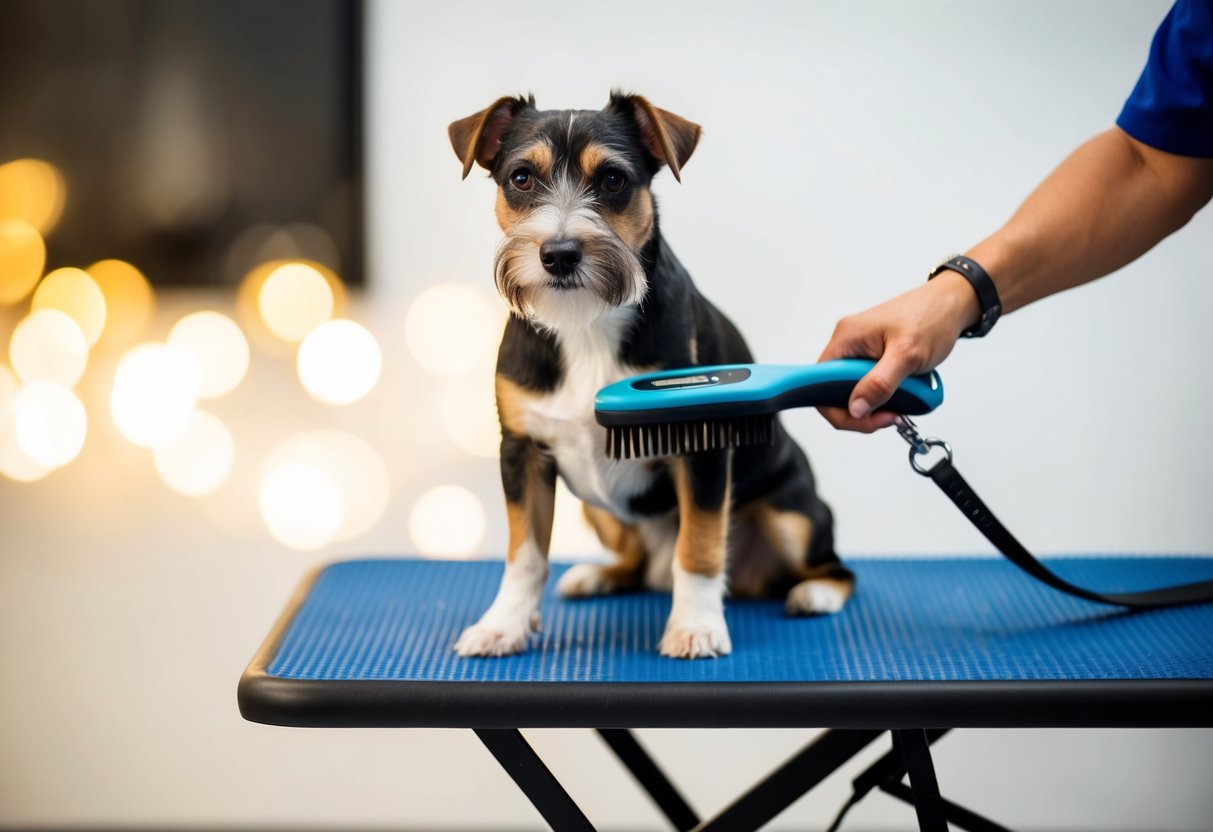 A border terrier is being brushed with a slicker brush, standing on a grooming table with a leash attached