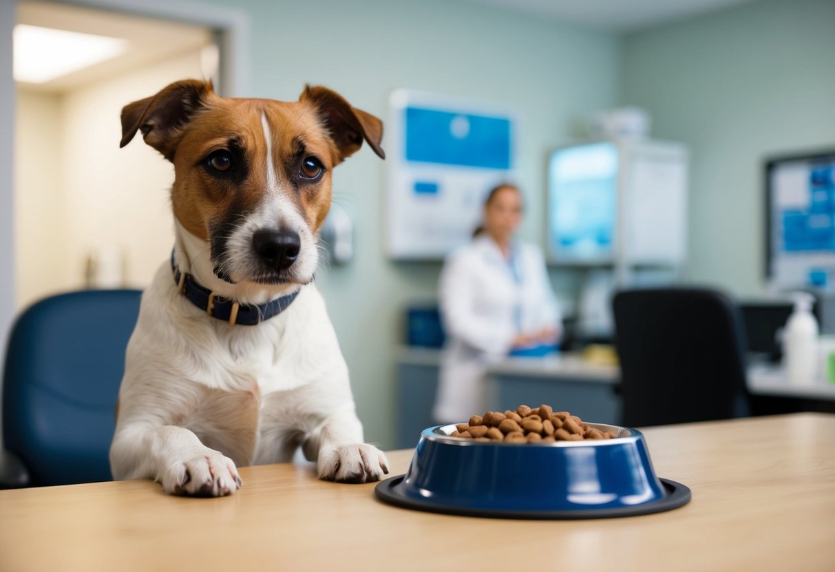 A border terrier with a concerned expression, standing next to a bowl of food, with a vet's office in the background