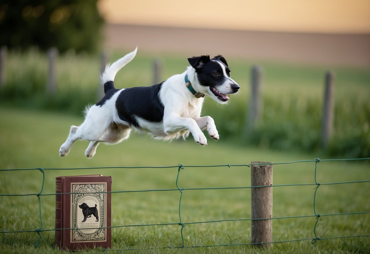 A Border Terrier jumps over a low fence in a rural setting, with a historical book about the breed nearby