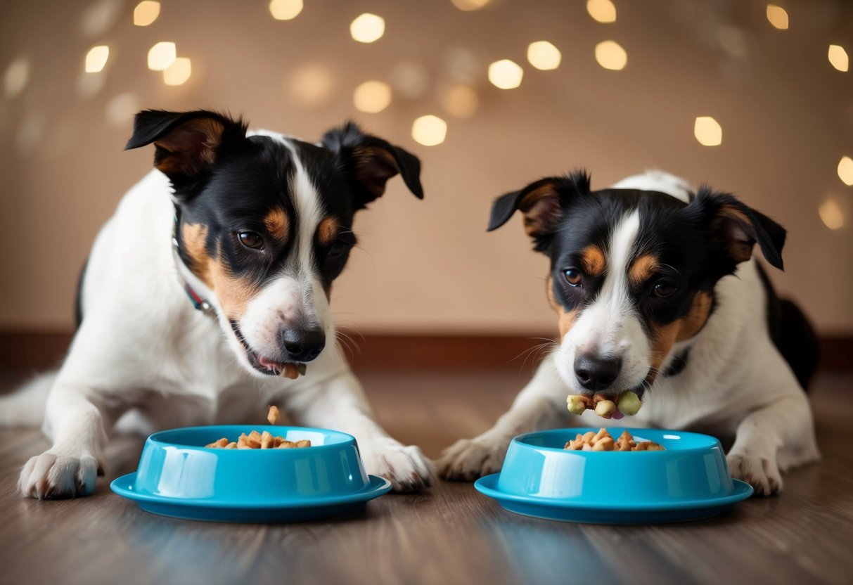 Two border terriers playfully eating their meals from separate bowls. One dog looks uncomfortable while the other seems content