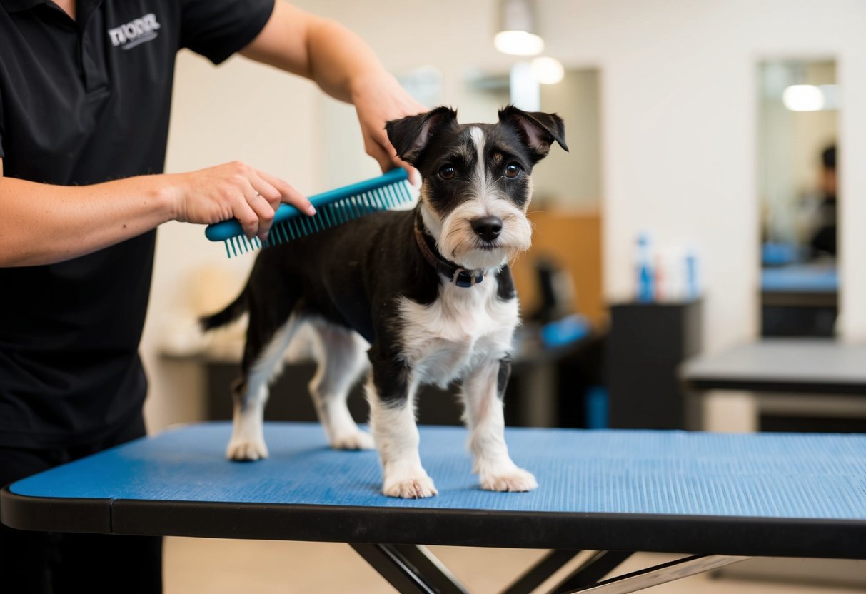 A Border Terrier stands on a grooming table, with its coat being carefully brushed and combed by a person. The dog's alert expression and wiry coat are prominent