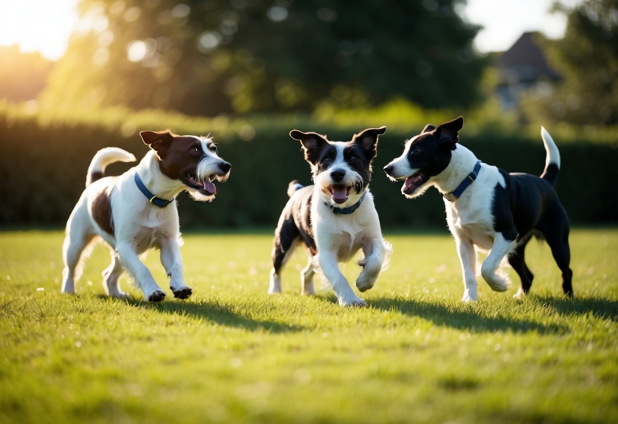 A border terrier plays with a group of dogs in a lively, outdoor setting