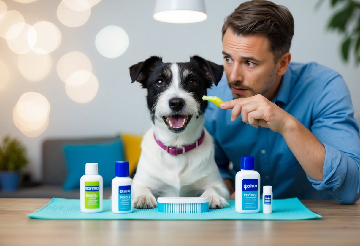 A border terrier with foul breath, surrounded by dental care products and a concerned owner seeking advice