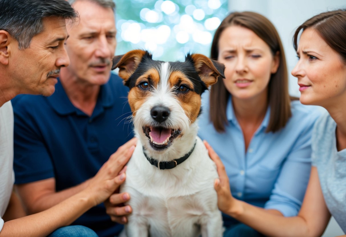 A border terrier with bad breath, looking uncomfortable, surrounded by concerned owners