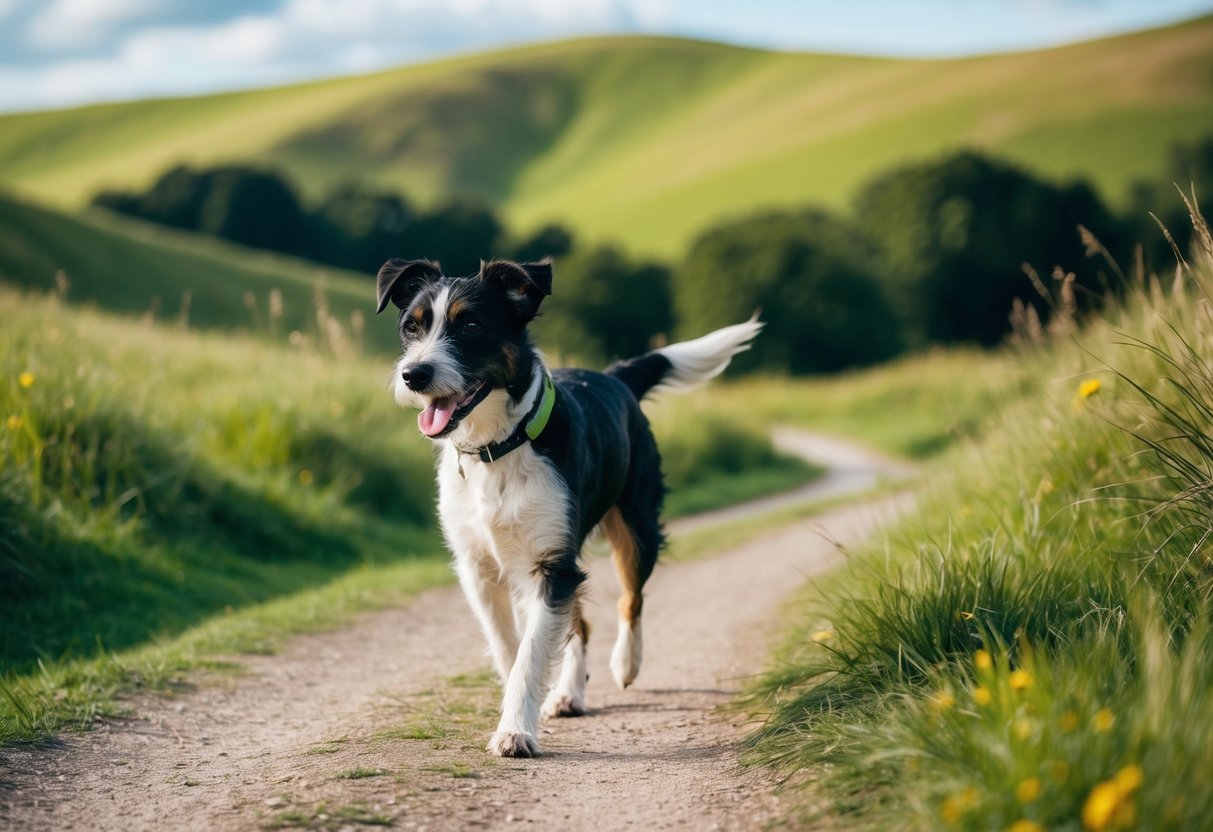 A Border Terrier confidently walks along a scenic trail, surrounded by lush greenery and rolling hills. The dog's tail is wagging as it happily takes in the fresh air and exercise