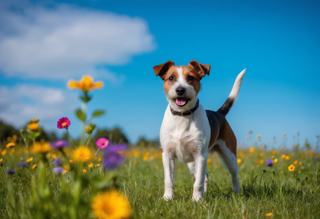 A border terrier stands proudly in a grassy field, its ears perked and tail wagging, surrounded by colorful flowers and a bright blue sky