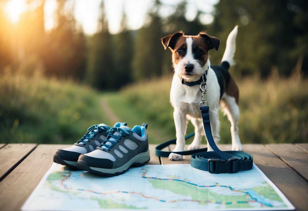 A border terrier stands beside a leash and a pair of walking shoes. A map of a winding trail is spread out on the table