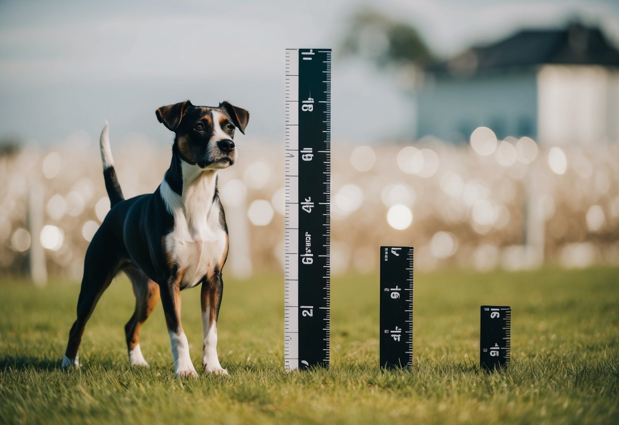 A Border Terrier standing next to a ruler, showing its height at different stages of growth