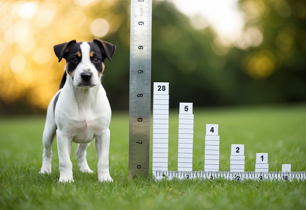 A Border Terrier standing next to a ruler, with various stages of growth marked on the ruler, from puppy to fully grown adult