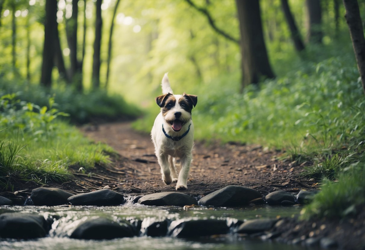 A border terrier happily walks along a winding trail, passing through a lush green forest and crossing over a bubbling stream