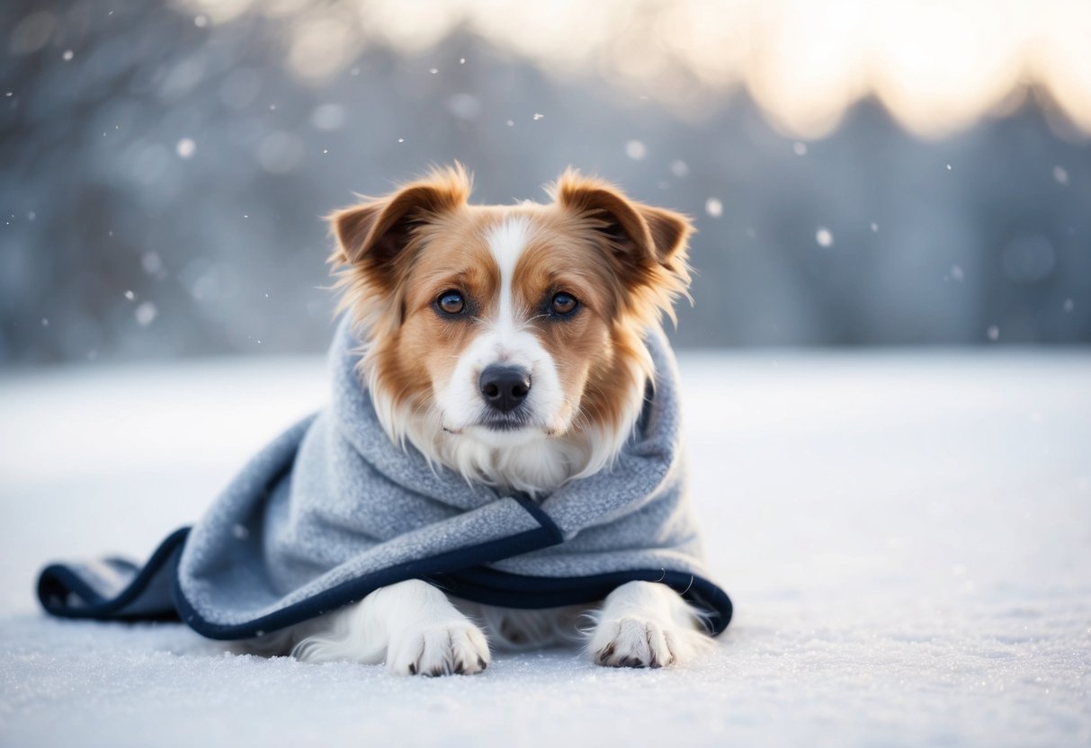 A border terrier shivers in the snow, wrapped in a cozy blanket, with frost on the ground and a chilly breeze blowing