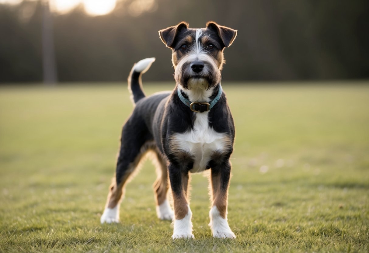 A fully grown Border Terrier standing confidently, with a sturdy build and a thick, wiry coat