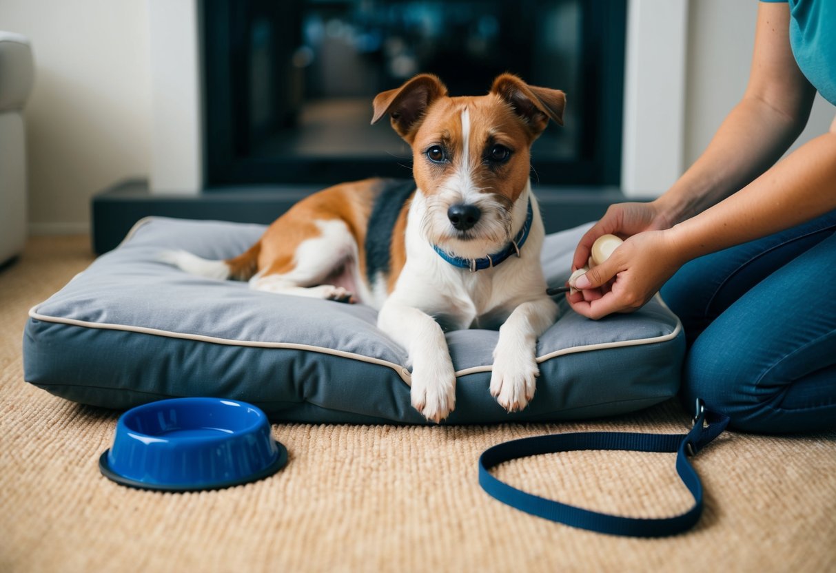 A border terrier rests on a cushioned bed with a water bowl and leash nearby, while a person applies paw balm to its tired paws