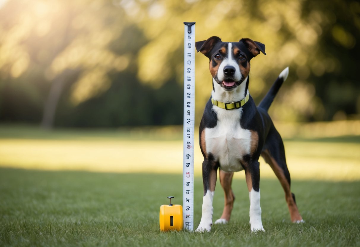 A border terrier standing proudly next to a measuring tape, indicating its height and weight at full maturity