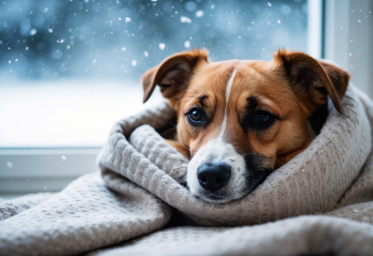 A Border Terrier snuggled up in a cozy blanket, with a gentle snowfall outside the window