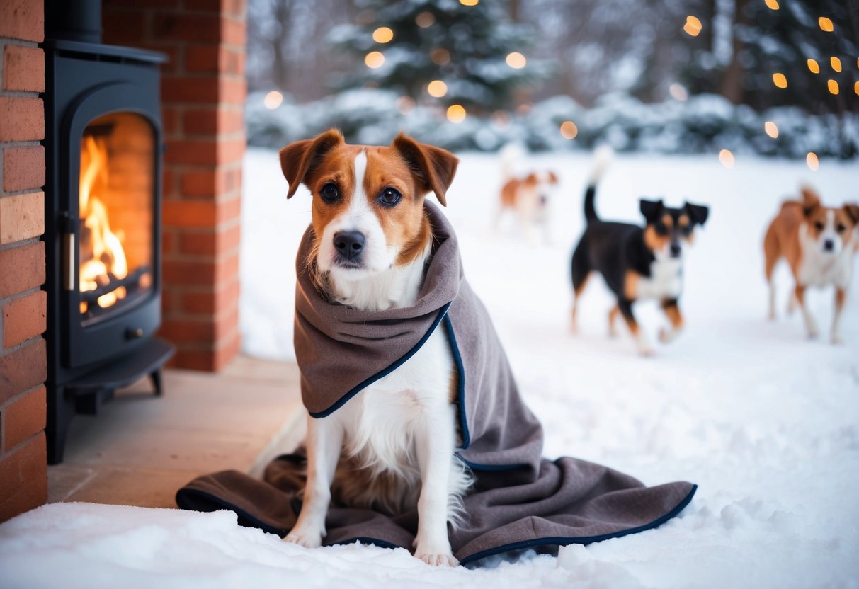 A border terrier sits by a cozy fireplace, wrapped in a warm blanket, while other dogs play outside in the snow