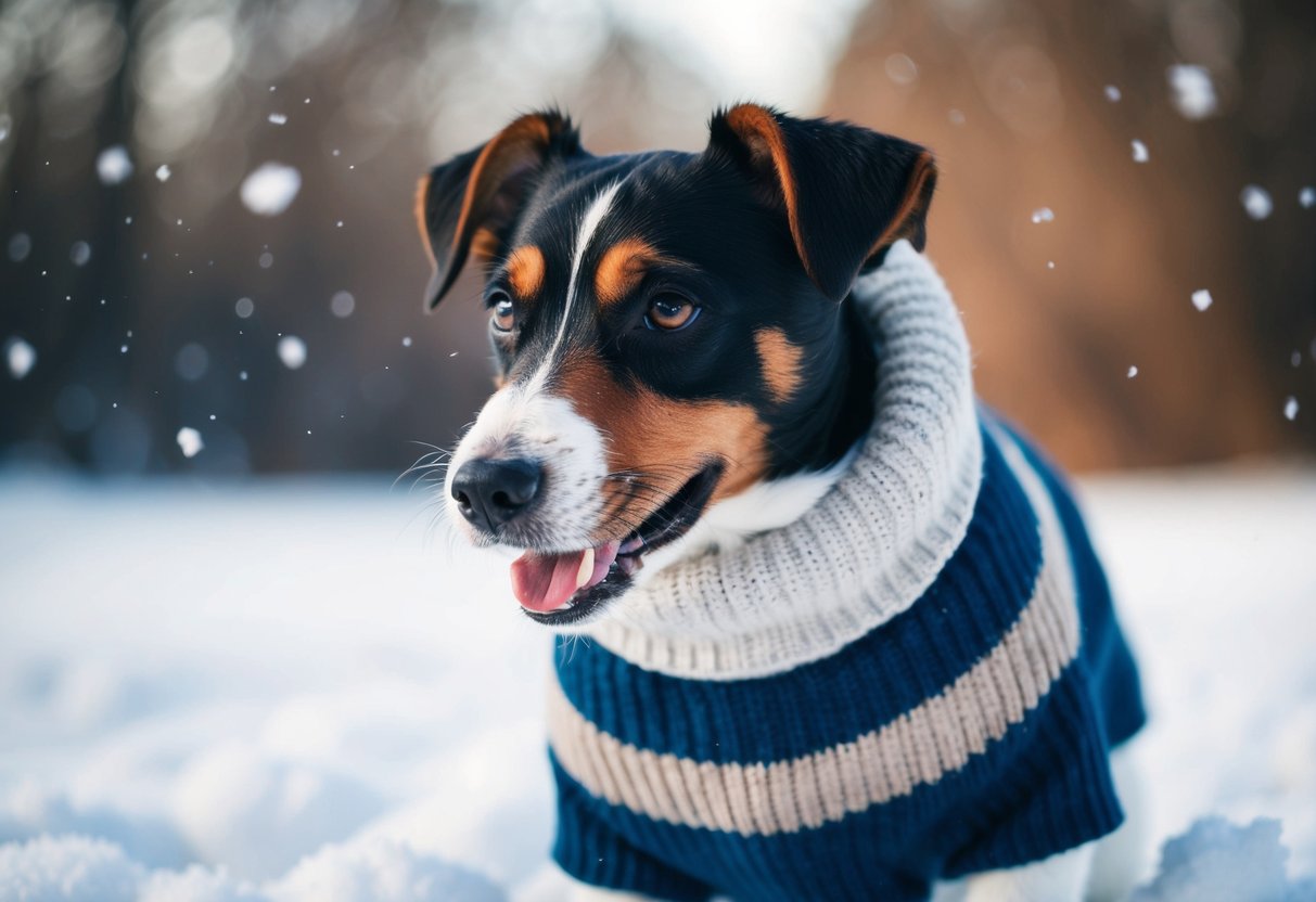A border terrier wearing a cozy sweater while playing in the snow