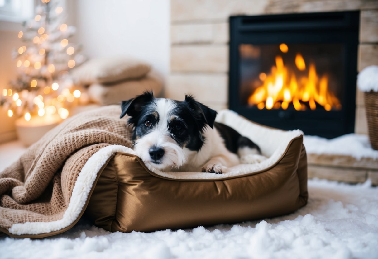 A Border Terrier snuggled up in a cozy dog bed, surrounded by warm blankets and a crackling fireplace on a snowy winter day