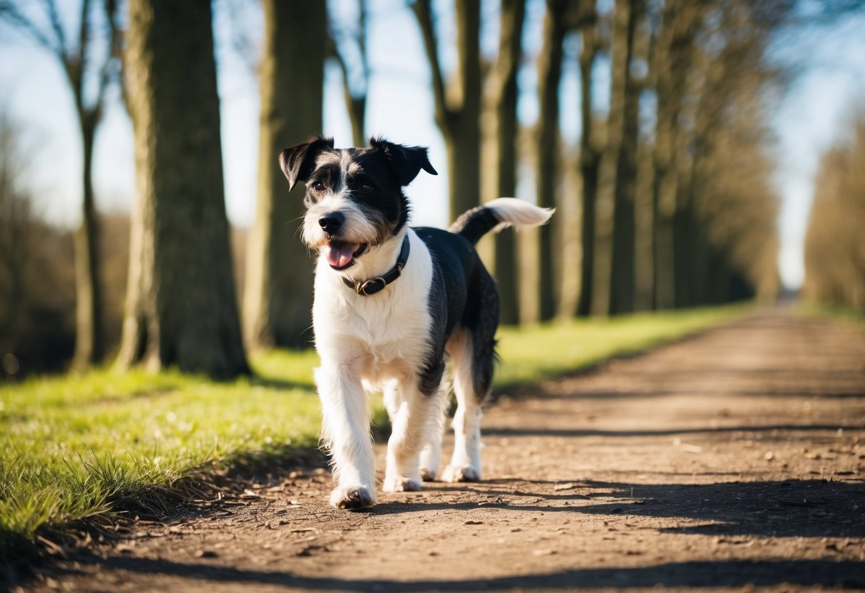 A border terrier walks along a tree-lined path, its tail wagging as it explores the outdoors. The sun shines down, casting a warm glow on the dog's fur