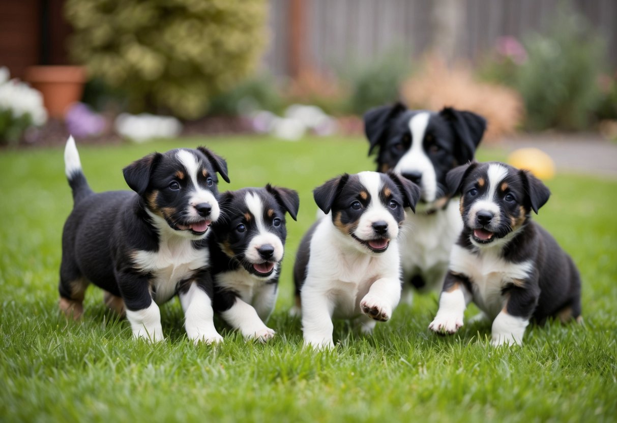 A family of border terrier puppies playing in a grassy yard, with their parents nearby