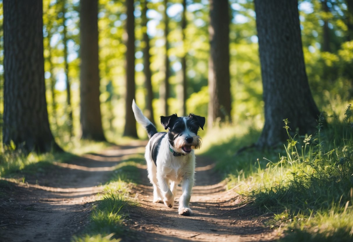 A border terrier walks along a forest path, surrounded by tall trees and dappled sunlight. Its tail is wagging as it explores the natural surroundings