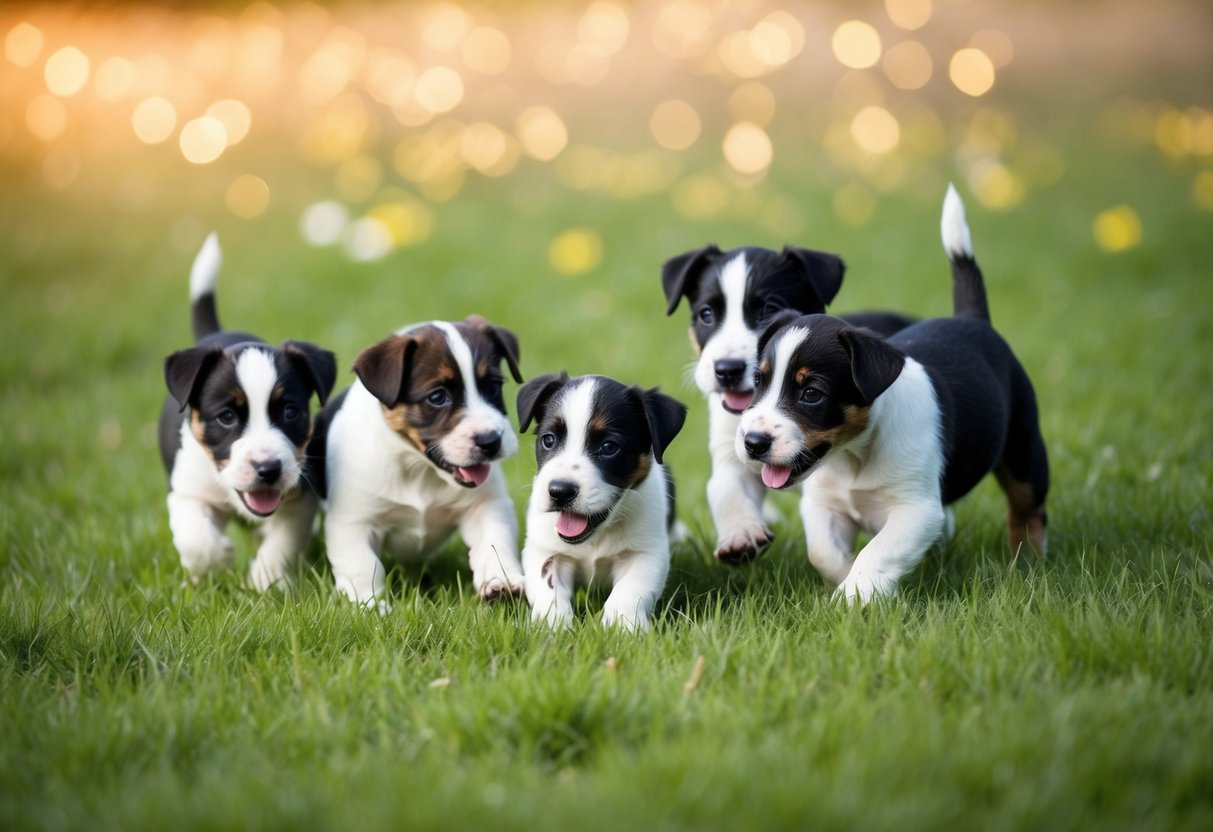 A family of Border Terrier puppies playing in a grassy field, with their mother nearby