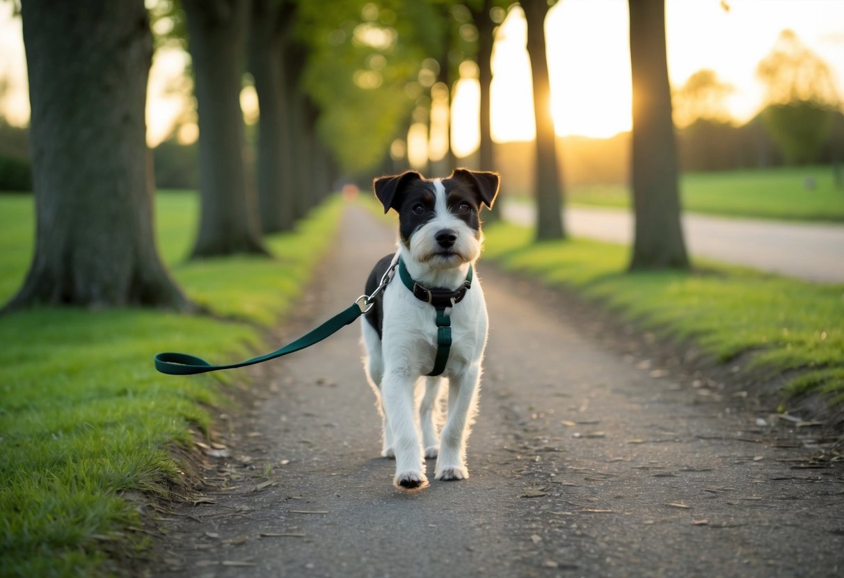 A border terrier walks along a tree-lined path with a leash attached to its collar. The sun is setting, casting a warm glow over the scene