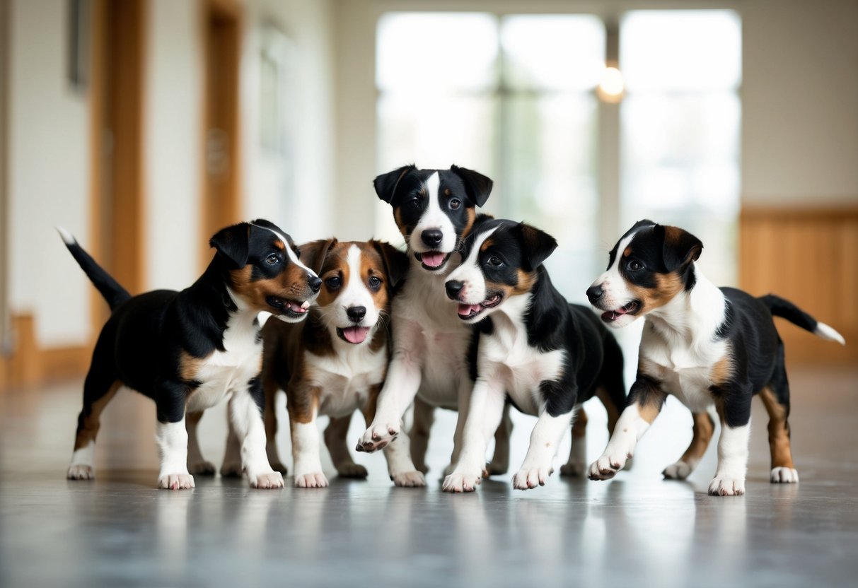 A group of border terrier puppies playing and interacting with each other in a spacious and well-lit indoor or outdoor setting