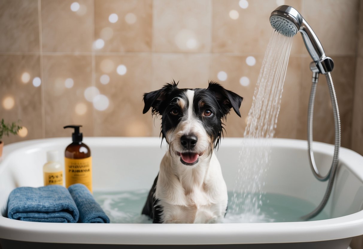 A border terrier getting bathed in a tub with a gentle stream of water flowing from a handheld showerhead, surrounded by bottles of dog shampoo and towels