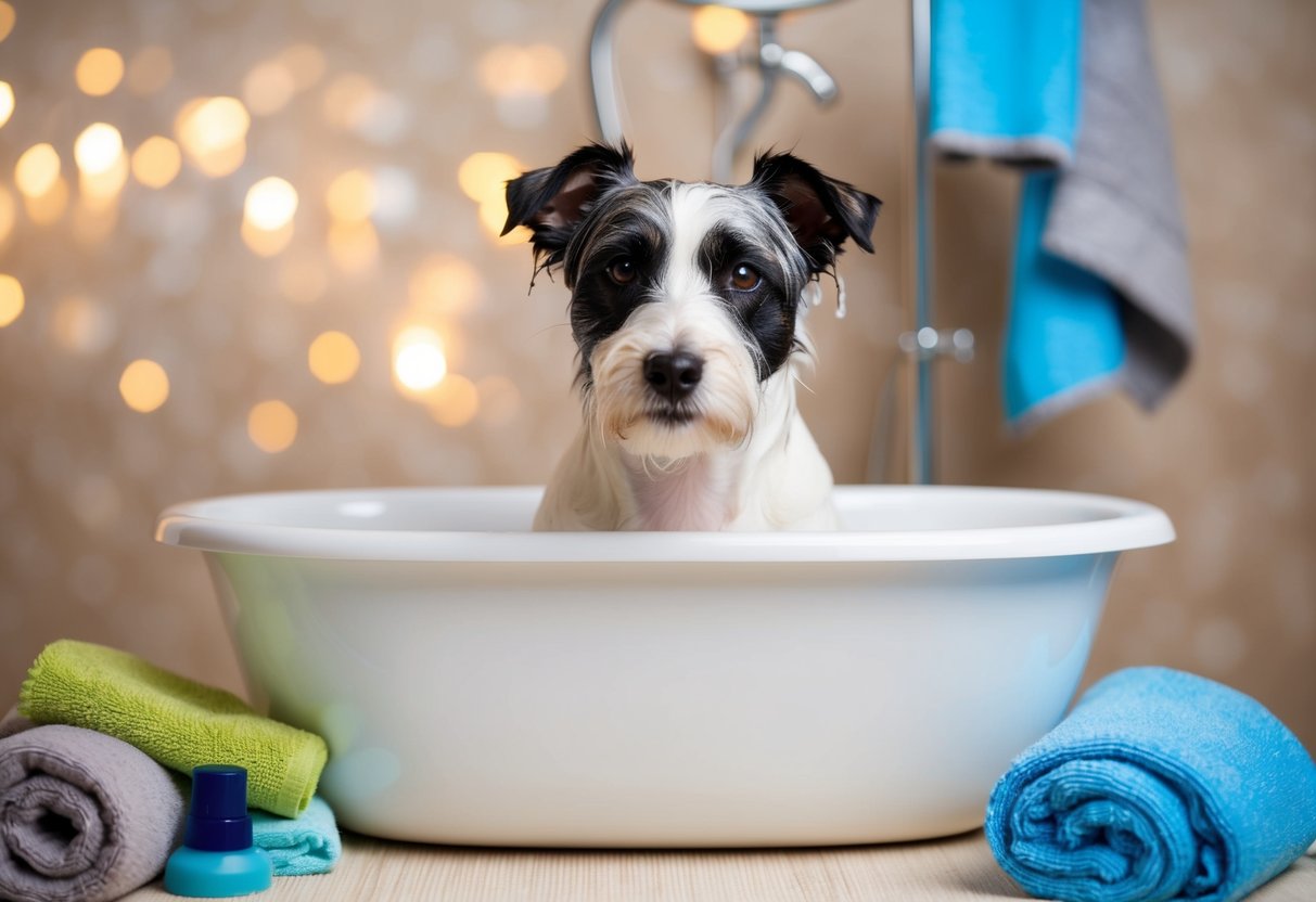 A Border Terrier being bathed in a tub with a gentle shampoo, surrounded by towels and grooming supplies