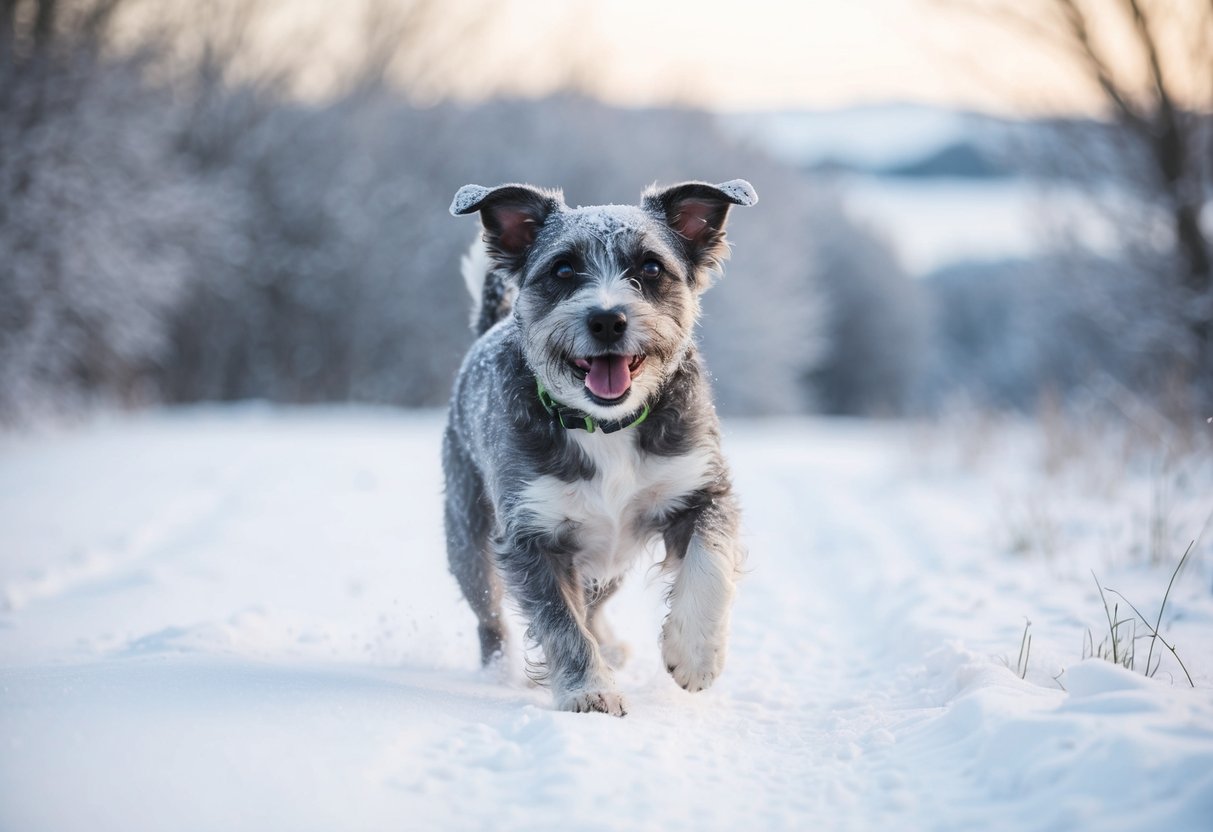 A border terrier happily romps through a snowy, wintry landscape, its fur coated with frost